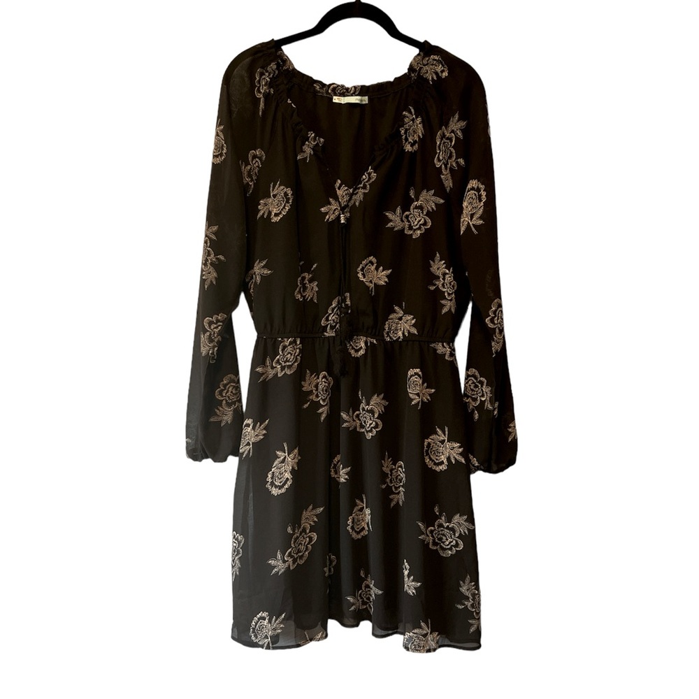 Maurices Black V-Neck Floral Long Sleeve Dress Size Medium Moody Whimsigoth